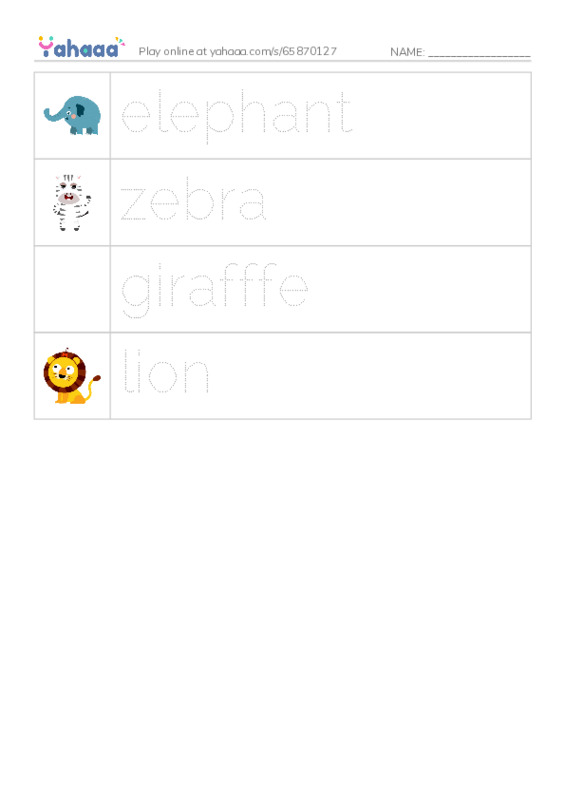 Picture and word rows worksheet for Zoo game