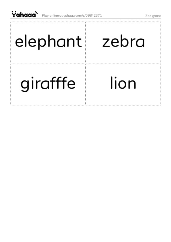 Word flashcards worksheet for Zoo game