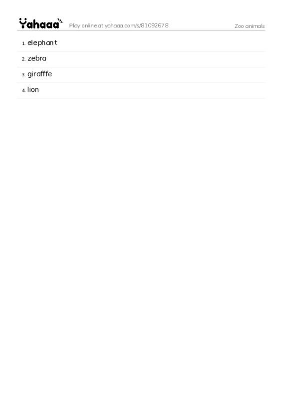 Word list with meanings worksheet for Zoo animals