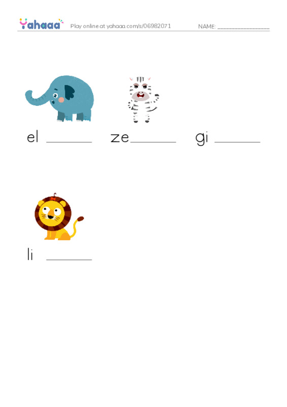 Finish the word worksheet for Zoo animals