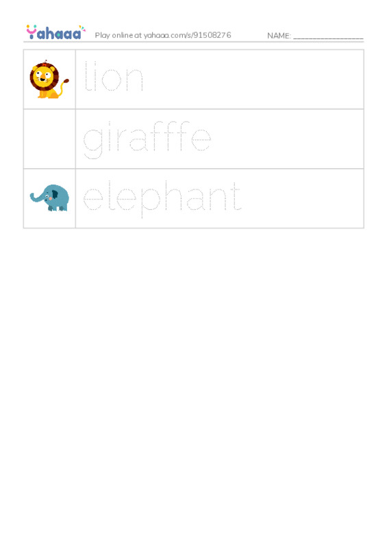 Picture and word rows worksheet for Zoo animals