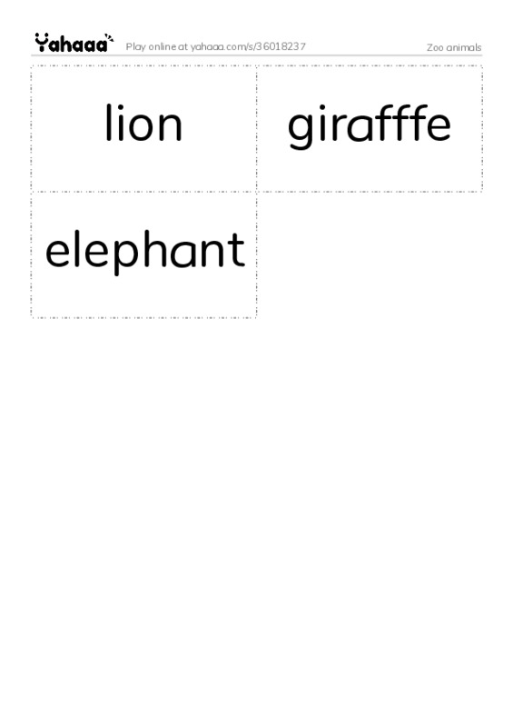 Word flashcards worksheet for Zoo animals