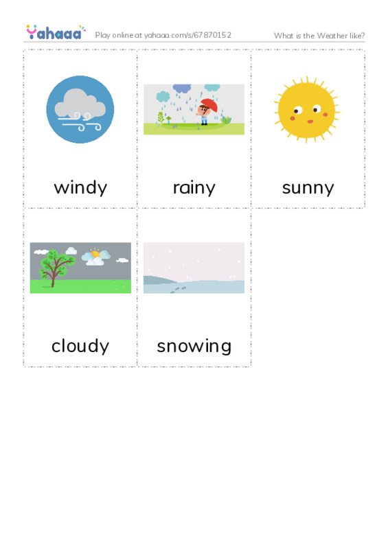 Picture flashcards worksheet for What is the Weather like?