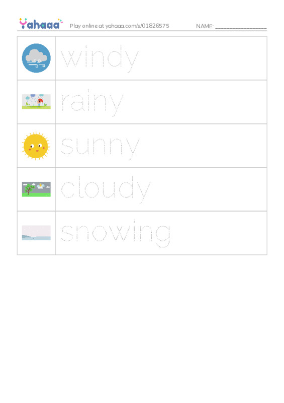Picture and word rows worksheet for What is the Weather like?