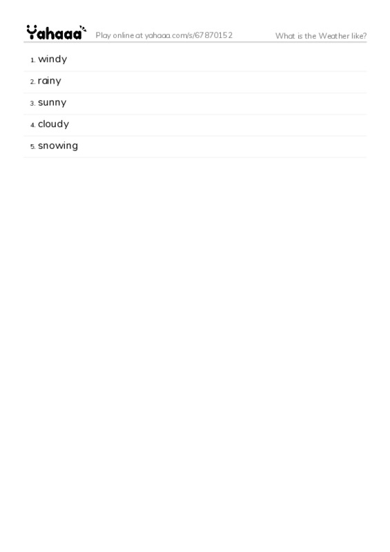 Word list with meanings worksheet for What is the Weather like?