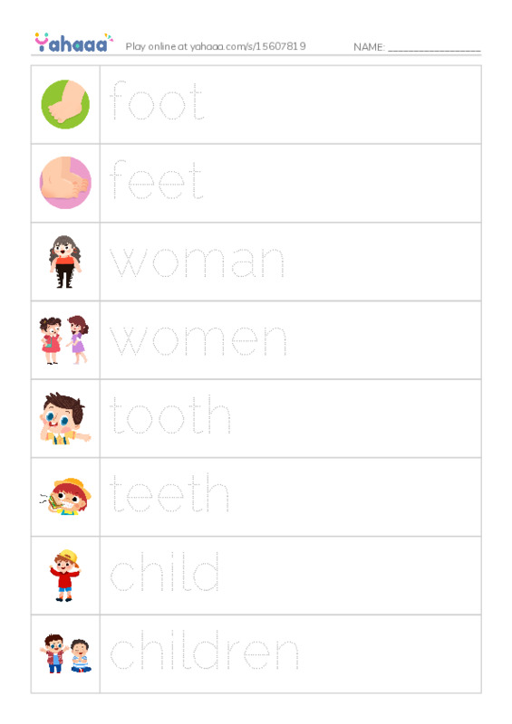 Picture and word rows worksheet for Irregular Plural Nouns