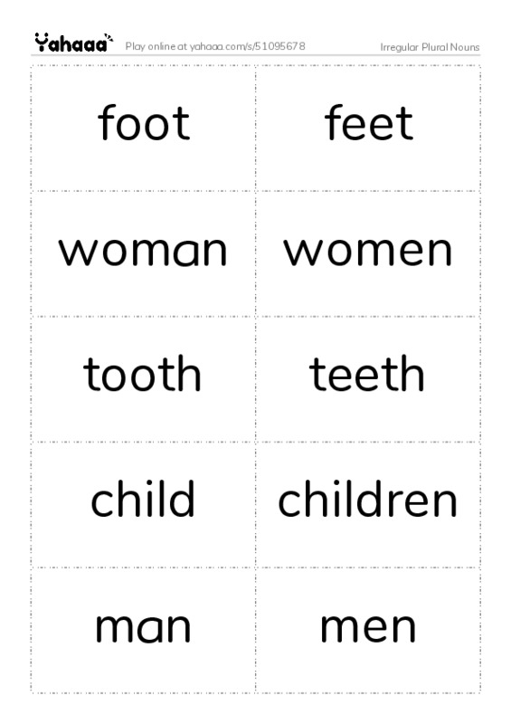 Word flashcards worksheet for Irregular Plural Nouns
