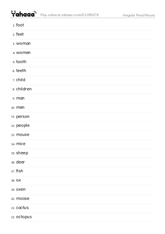 Word list with meanings worksheet for Irregular Plural Nouns
