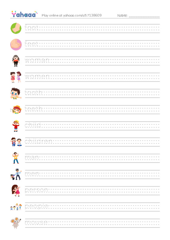 Handwriting lines worksheet for Irregular Plural Nouns