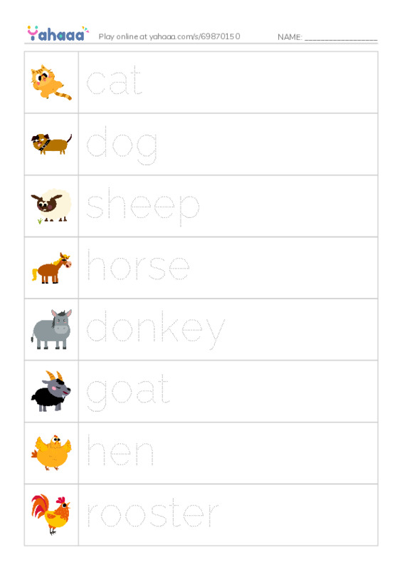 Picture and word rows worksheet for farm animals