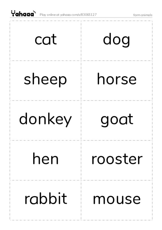 Word flashcards worksheet for farm animals