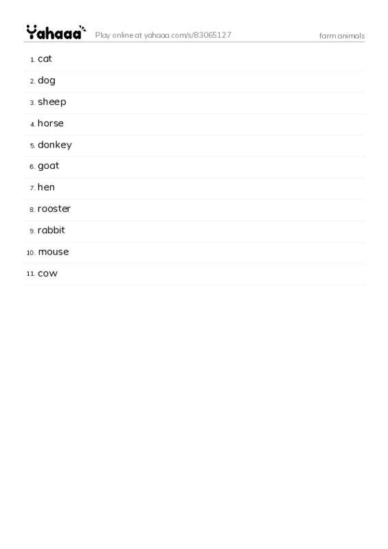 Word list with meanings worksheet for farm animals