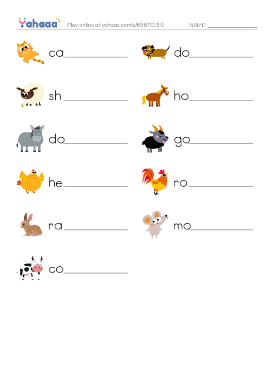Write the word rows worksheet for farm animals