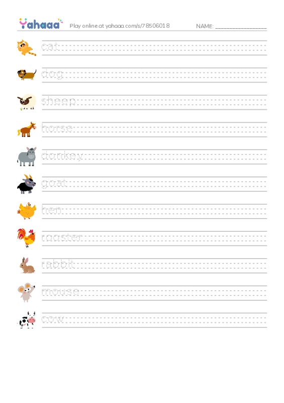 Handwriting lines worksheet for farm animals