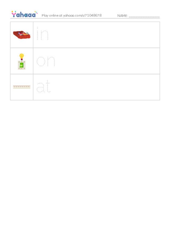 Picture and word rows worksheet for Prepositions