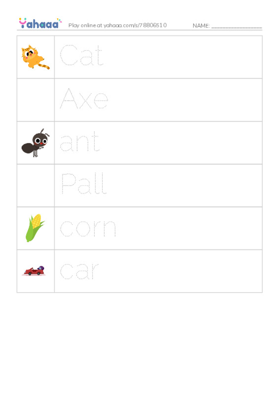 Picture and word rows worksheet for English