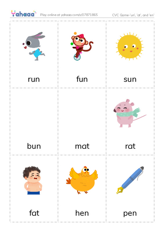 Picture flashcards worksheet for CVC Game-'un', 'at', and 'en'