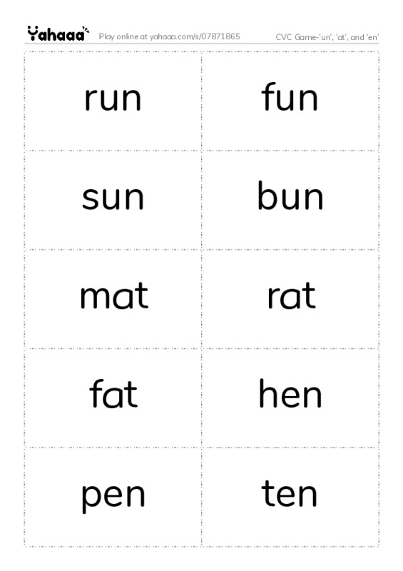 Word flashcards worksheet for CVC Game-'un', 'at', and 'en'