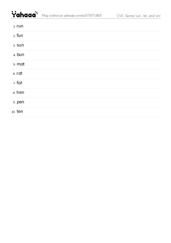 Word list with meanings worksheet for CVC Game-'un', 'at', and 'en'