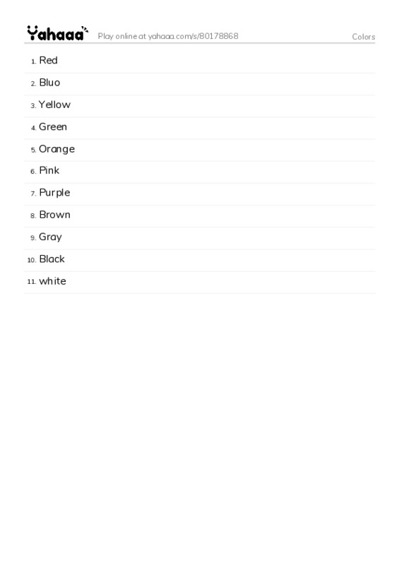 Word list with meanings worksheet for Colors