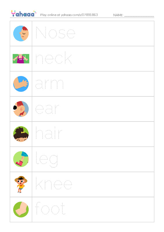 Picture and word rows worksheet for Part of thy body