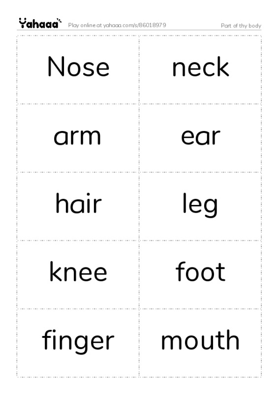 Word flashcards worksheet for Part of thy body