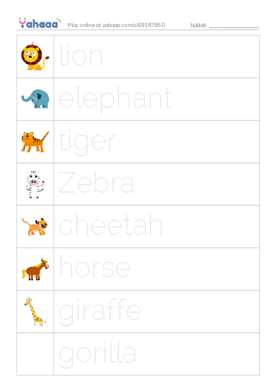 Picture and word rows worksheet for Wild Animals