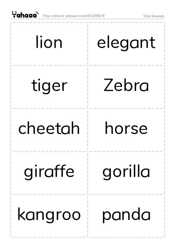 Word flashcards worksheet for Wild Animals