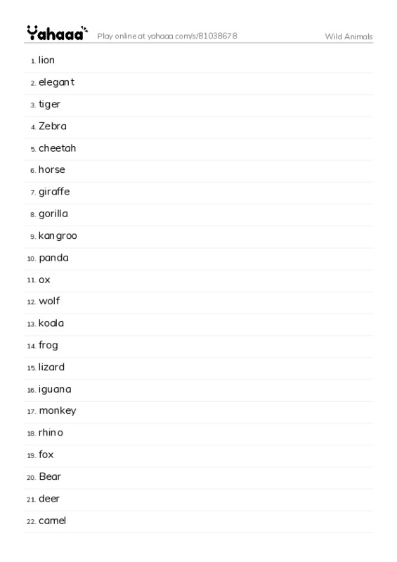 Word list with meanings worksheet for Wild Animals