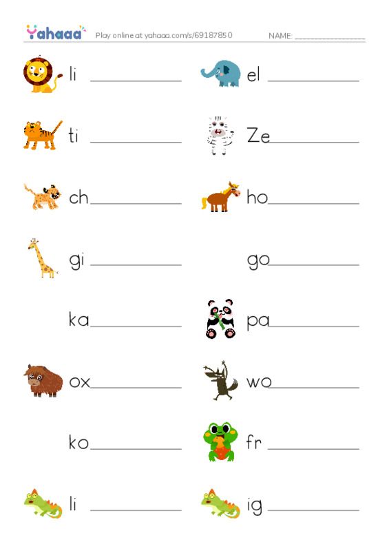 Write the word rows worksheet for Wild Animals