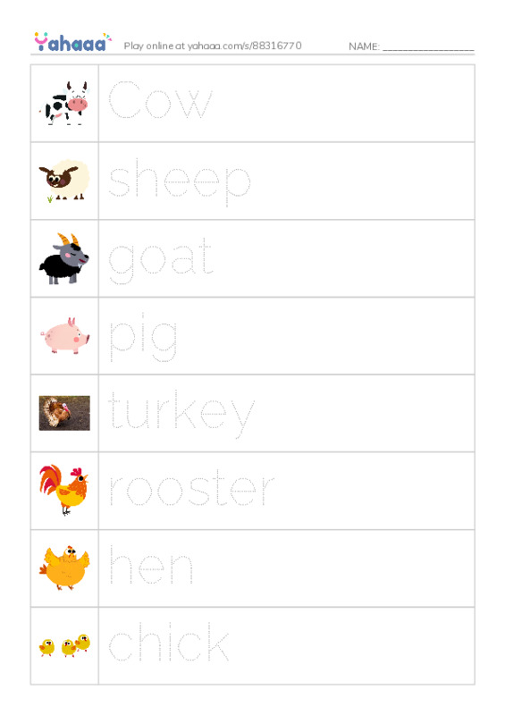 Picture and word rows worksheet for Farm Animals
