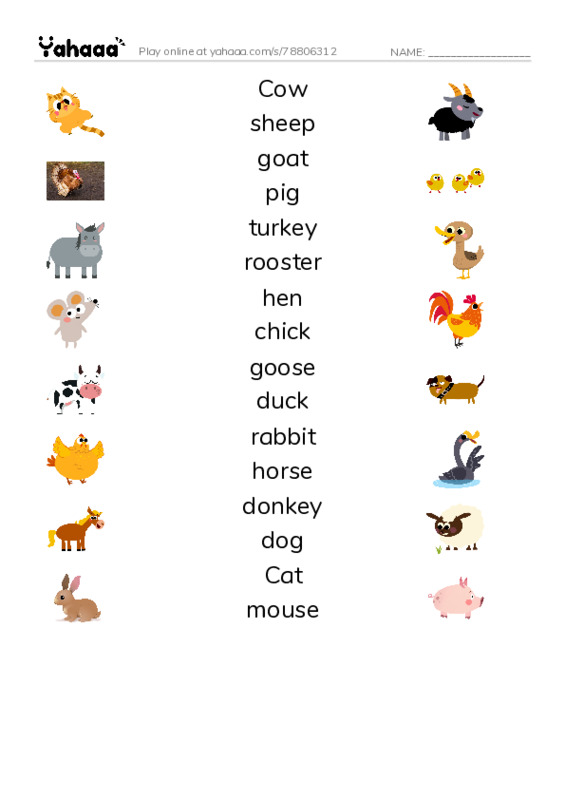 Match both sides worksheet for Farm Animals