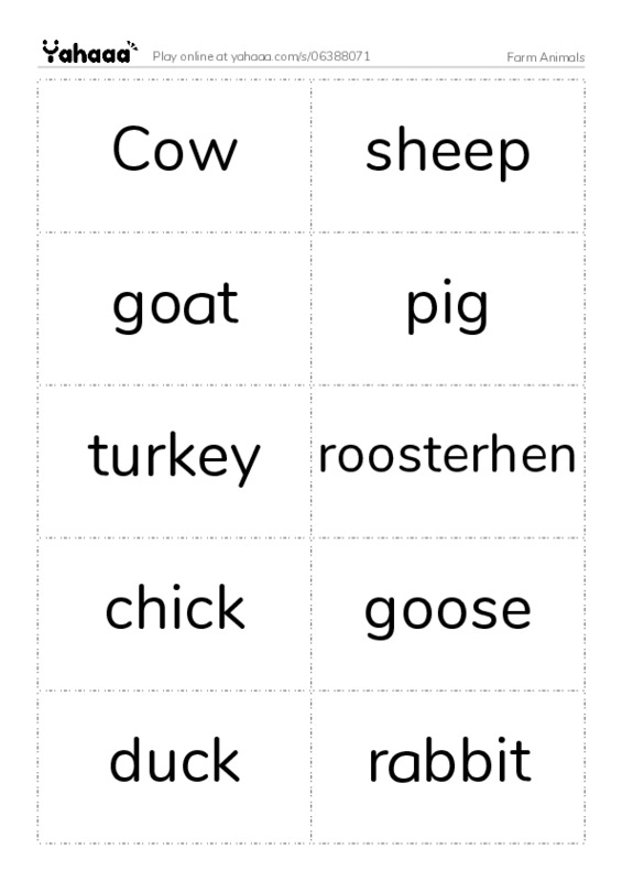 Word flashcards worksheet for Farm Animals