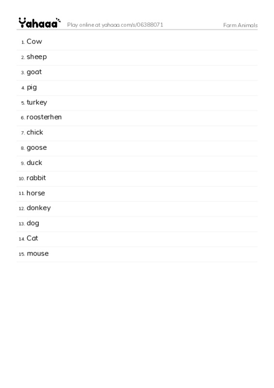 Word list with meanings worksheet for Farm Animals