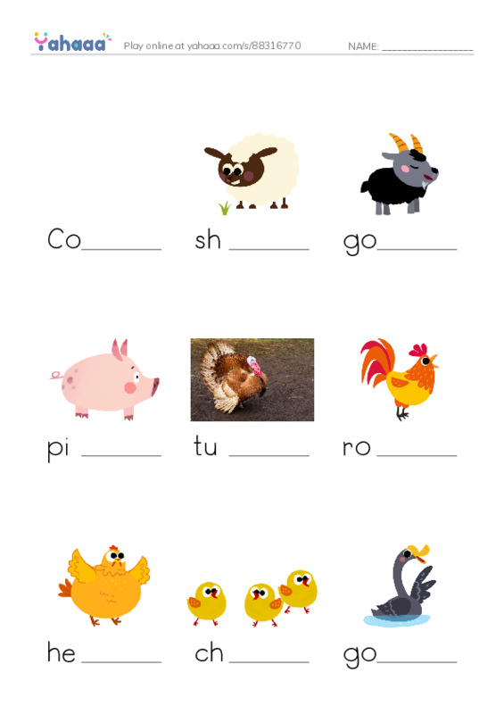 Finish the word worksheet for Farm Animals