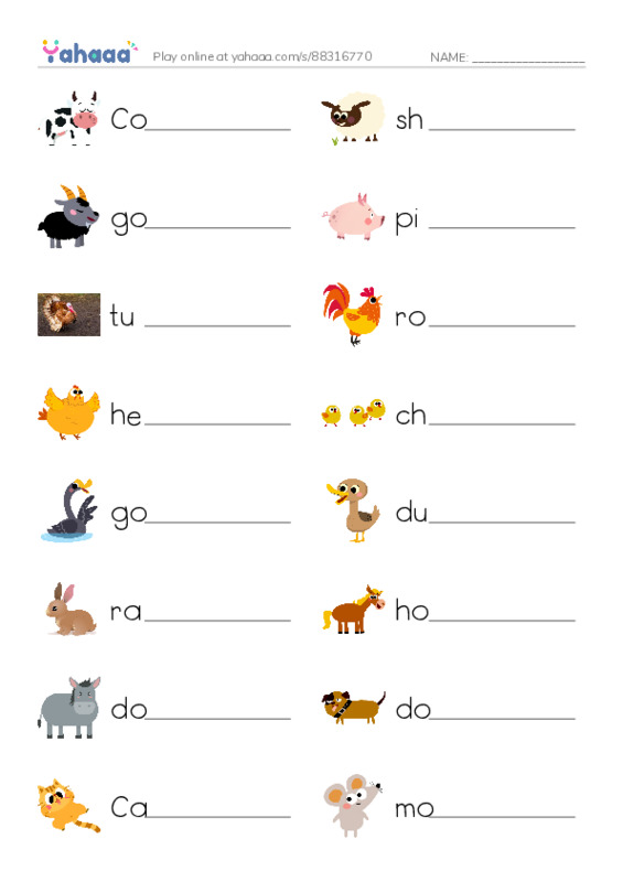 Write the word rows worksheet for Farm Animals