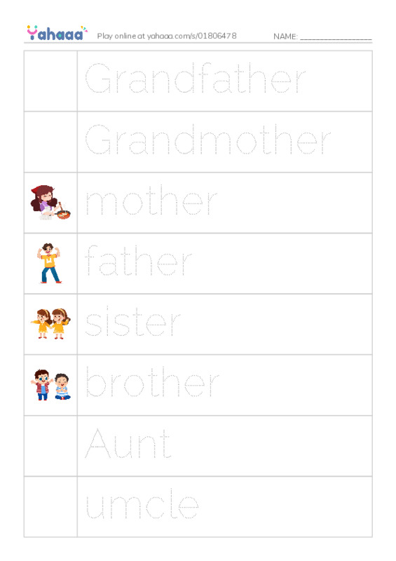 Picture and word rows worksheet for Family