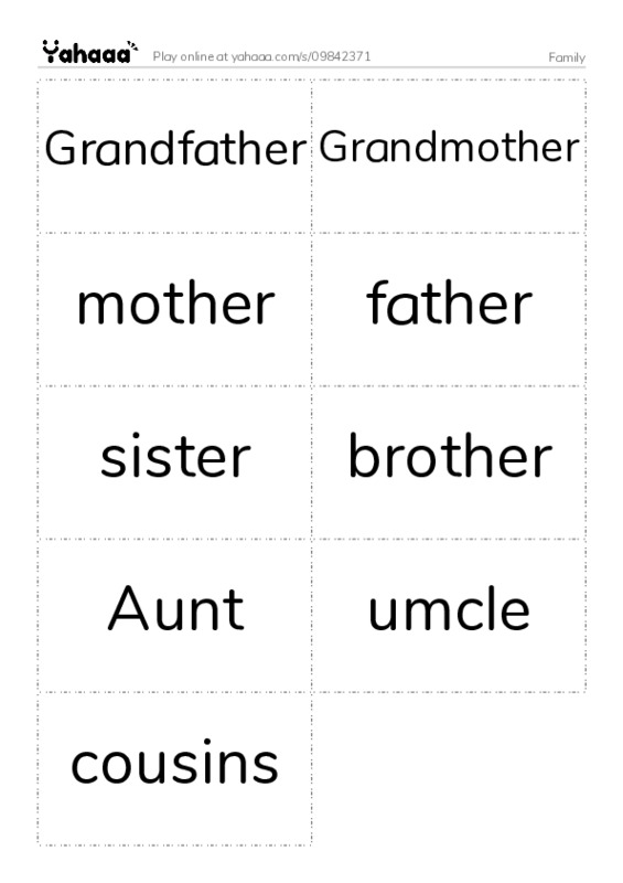 Word flashcards worksheet for Family