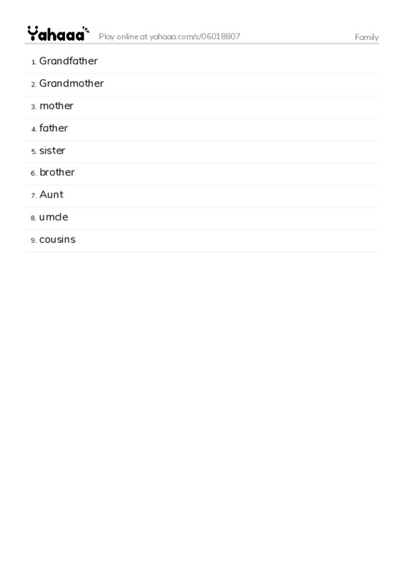 Word list with meanings worksheet for Family