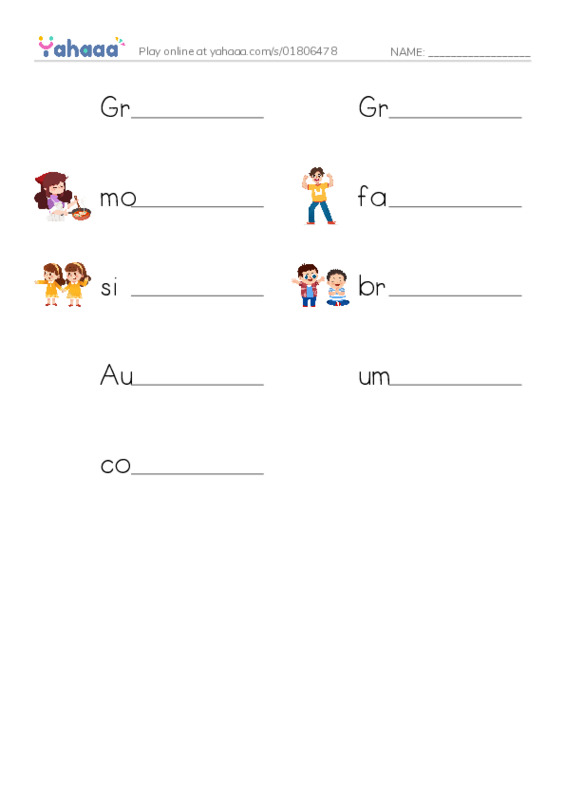 Write the word rows worksheet for Family