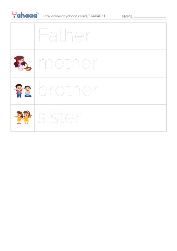 Picture and word rows worksheet for Family