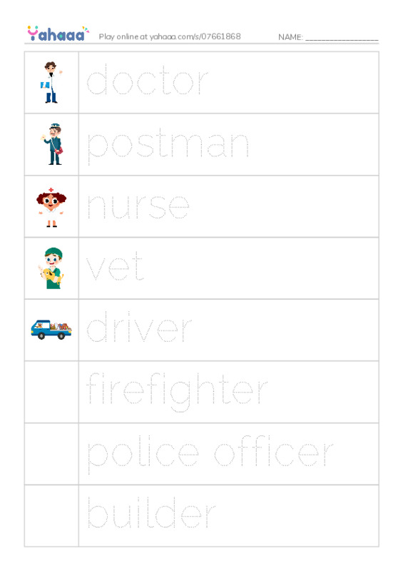 Picture and word rows worksheet for Jobs