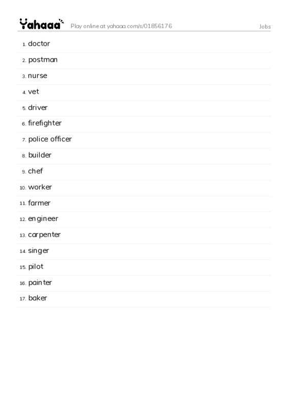 Word list with meanings worksheet for Jobs
