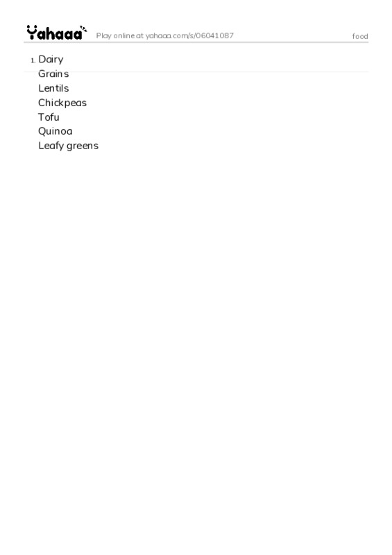 Word list with meanings worksheet for food