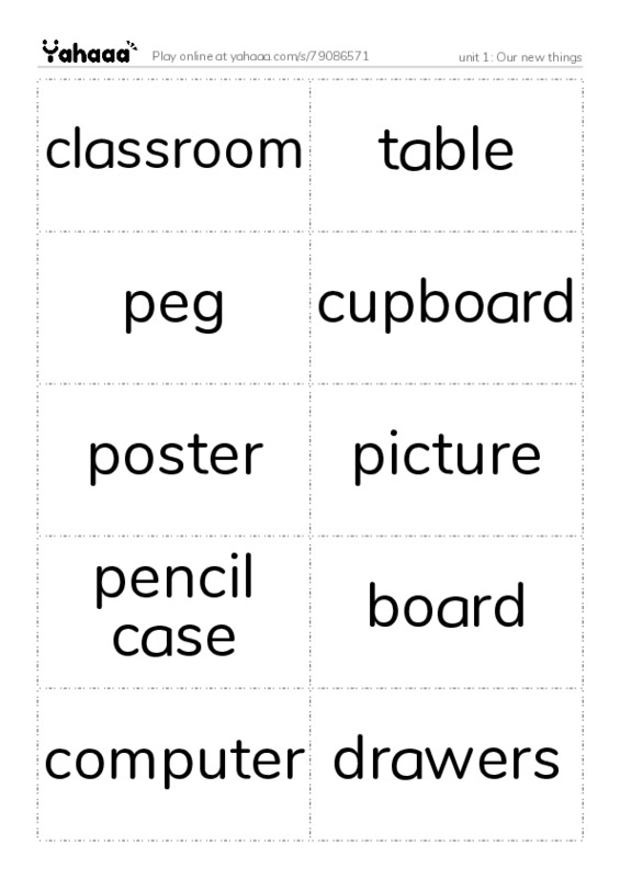 Word flashcards worksheet for unit 1: Our new things
