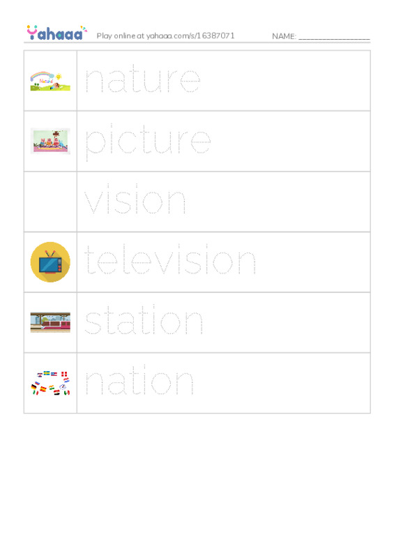 Picture and word rows worksheet for game