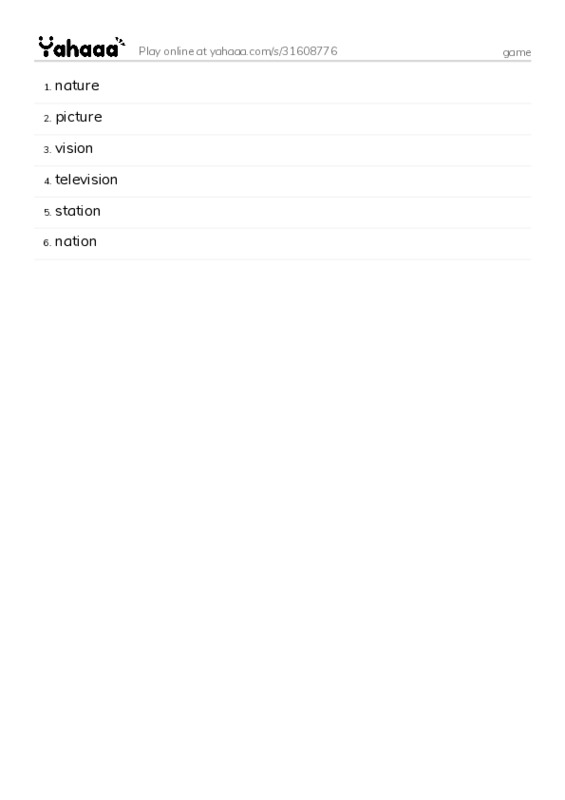 Word list with meanings worksheet for game