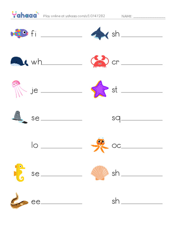 sea animals PDF worksheet writing row