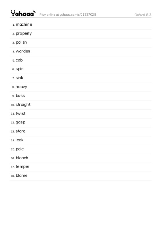 Word list with meanings worksheet for Oxford-8-3