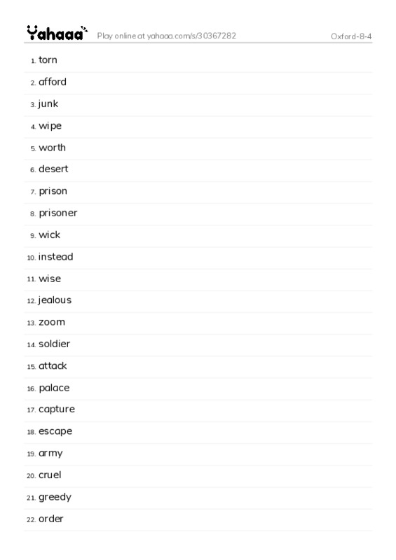 Word list with meanings worksheet for Oxford-8-4